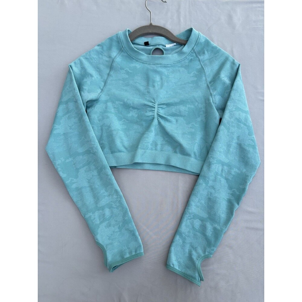 Womens GYMSHARK DRY Long Sleeve Crop Top Shirt  BLUE | AQUA Size S